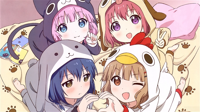 YuruYuri characters in animal onesies 4K