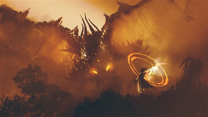 Dragon and sorceress with magic circle