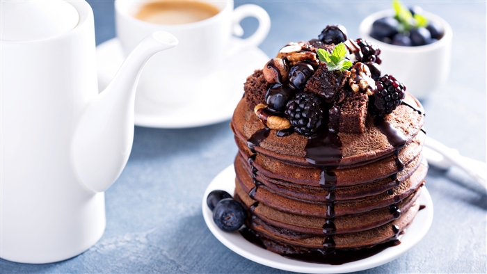 Chocolate Pancakes with Berries and Nuts 4K