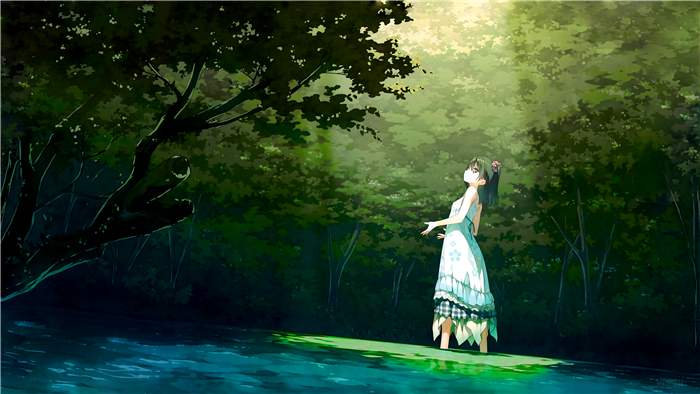 Girl in a white dress in a forest by the water