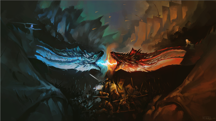 Dragons battling with fire and ice, warriors below, Game of Thrones 4K