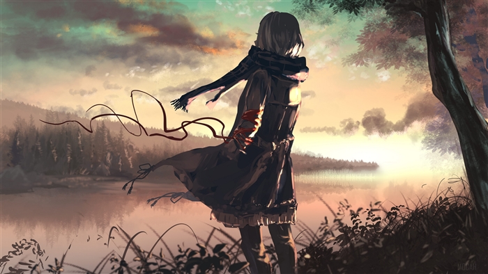 Anime girl with scarf by lake at sunset