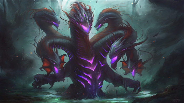 Dark Multi-Headed Hydra with Glowing Purple Features