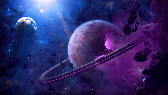 Planet with Ring and Earth in Space 4K