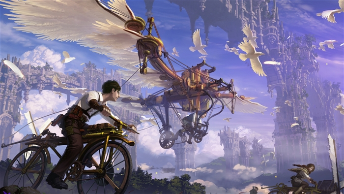 Boy on a steampunk bicycle with flying machine and birds