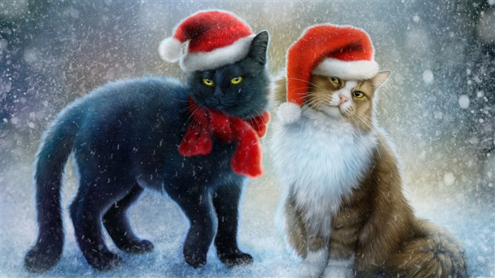Two Cats in Santa Hats and Scarf in Snowfall