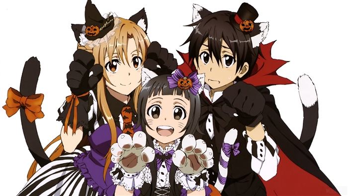 Asuna, Kirito, and Yui from Sword Art Online in Halloween costumes