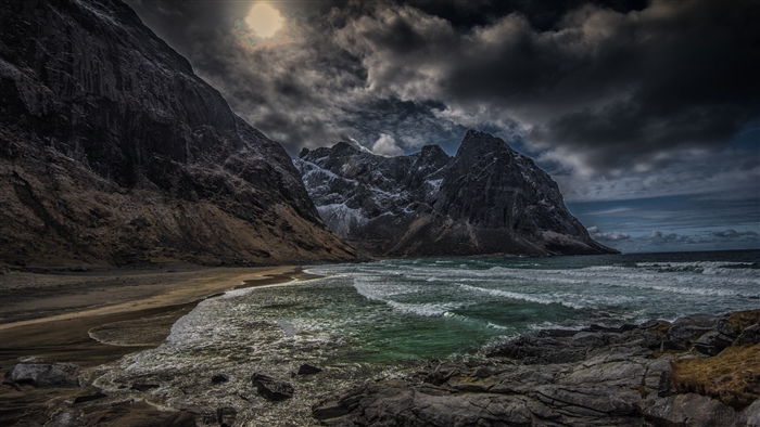 Coastline with Mountains and Sea in Lofoten Islands, Norway 4K