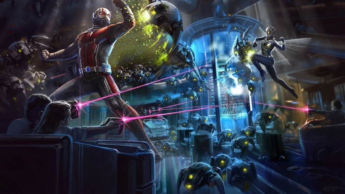 Ant-Man and Wasp from Marvel Comics fighting robots
