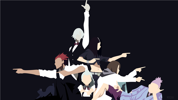 Death Parade characters pointing in a minimalist style 4K