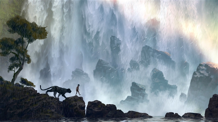 Mowgli and Bagheera by waterfall