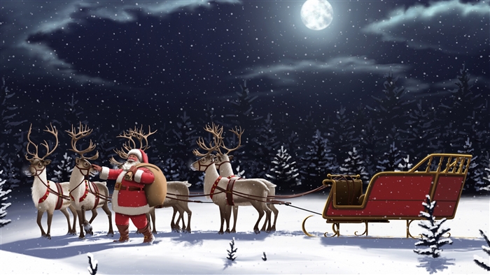 Santa Claus with Reindeer and Sleigh on a Snowy Night