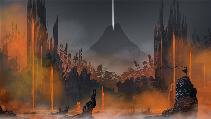 Volcanic landscape with lava and a lone figure