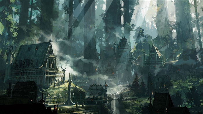 Fantasy village in a misty forest