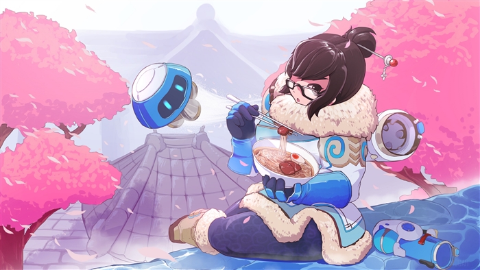 Mei from Overwatch eating noodles with a robot
