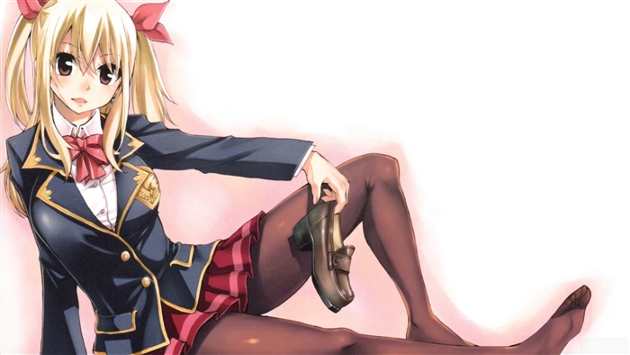 Lucy Heartfilia from Fairy Tail sitting with a shoe