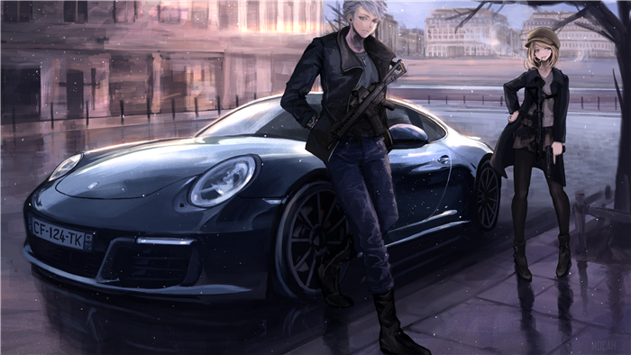 Stylish Anime Couple with Porsche and Weapons 4K