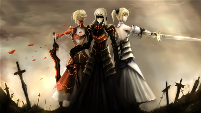 Saber Alter, Saber Lily, and Red Saber in a battlefield 4K