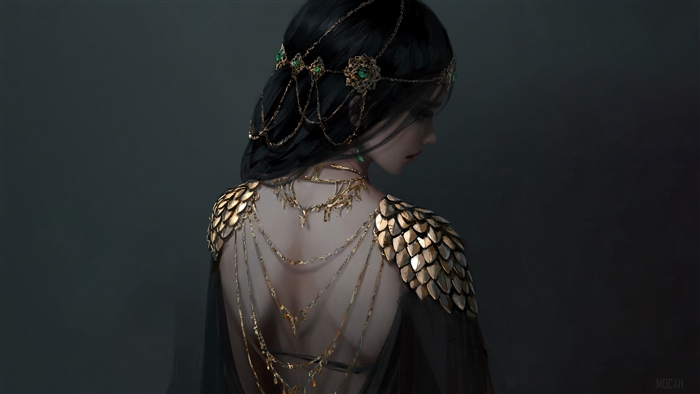 Woman with gold jewelry and armor