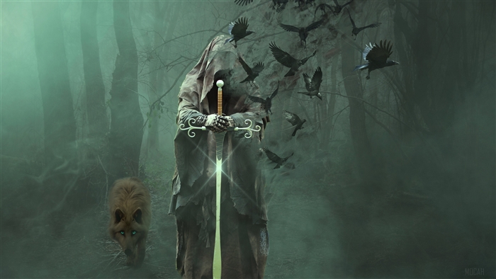 Grim Reaper with Sword and Wolf in Foggy Forest 4K