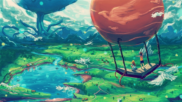 Children in a hot air balloon over a fantasy landscape