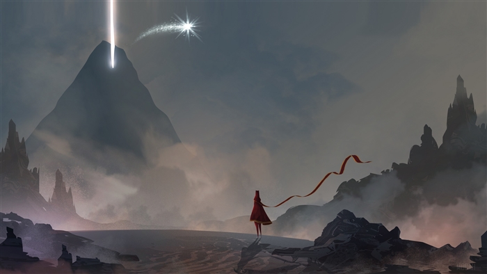 Figure in red cloak with scarf on mountain path