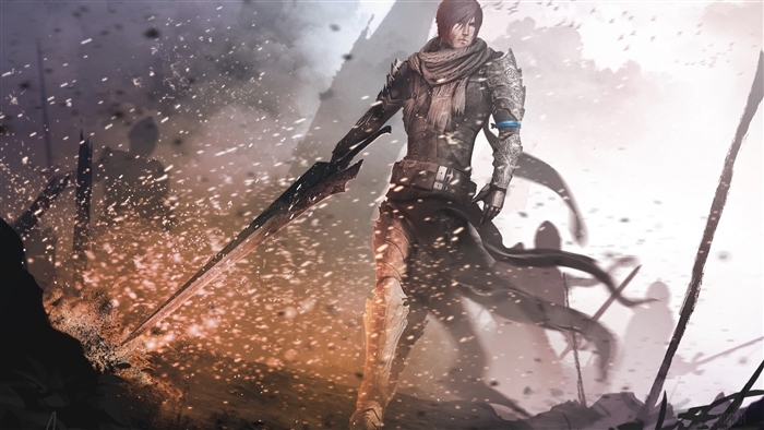Warrior with a large sword in a desolate landscape