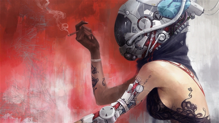 Cyberpunk woman with robotic arm smoking