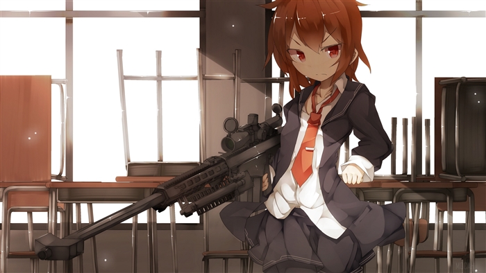 Anime girl with sniper rifle in classroom