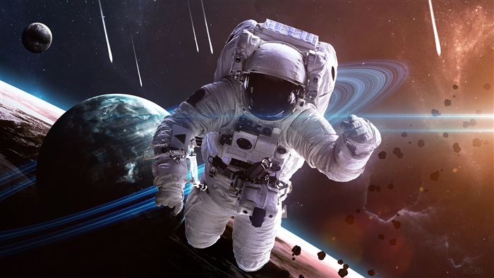 Astronaut Floating in Space with Planets and Stars 4K