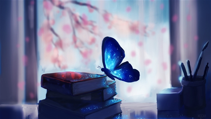 Galaxy Butterfly on Books near Cherry Blossoms 4K
