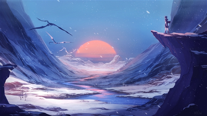 Fantasy landscape with flying creatures and a lone figure