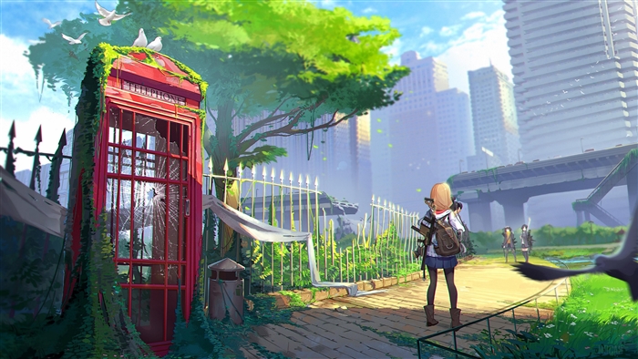 Girl with Gun and Telephone Booth in City 4K