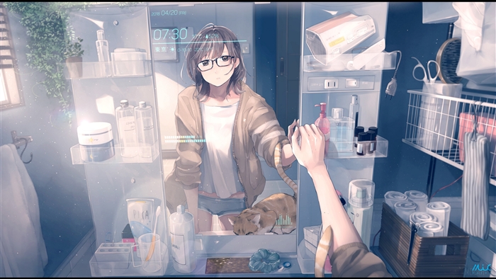 Girl with Glasses and Cat in Bathroom Mirror 4K