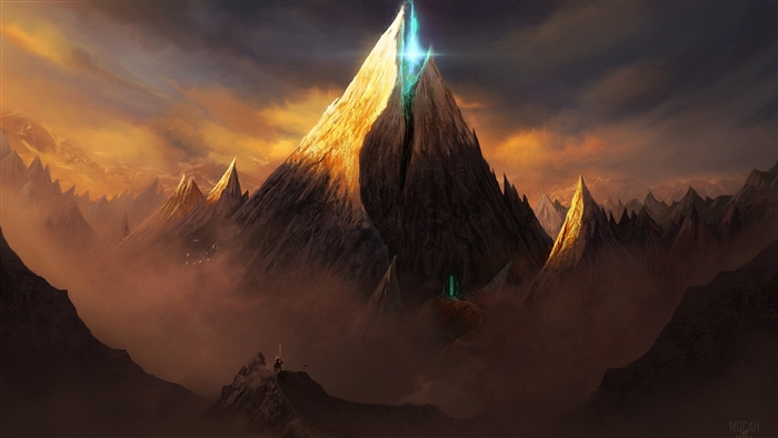 Mountain landscape with glowing peak and beam 4K