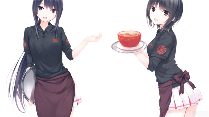 Two anime waitresses serving food