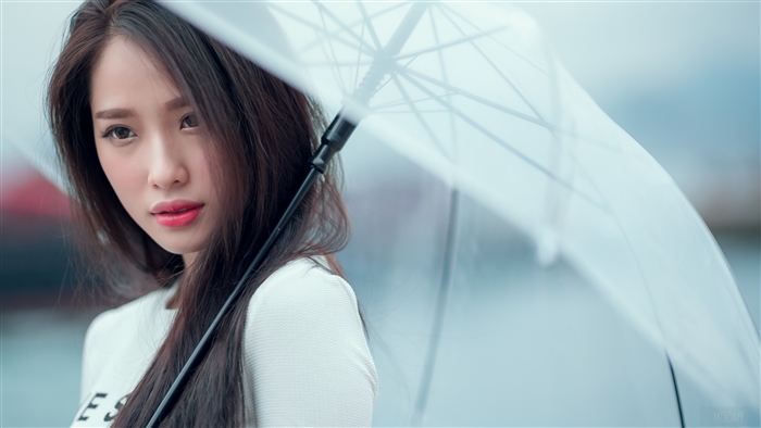 Brunette Woman with Umbrella in Soft Light 4K