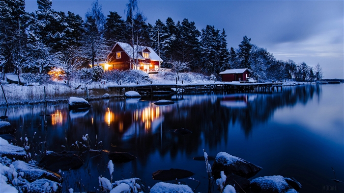 Winter Night Scene with House and Lake Reflection 4K