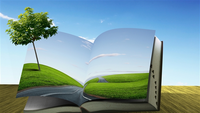 Open book with landscape and tree
