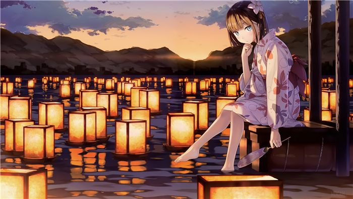 Girl in Kimono by Lantern-lit Lake at Sunset