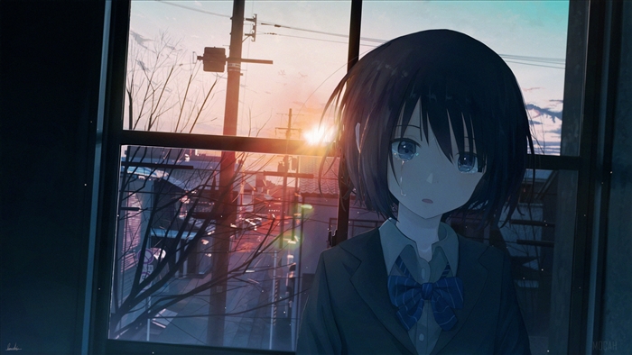 Sad Girl Looking Out Window at Sunset 4K