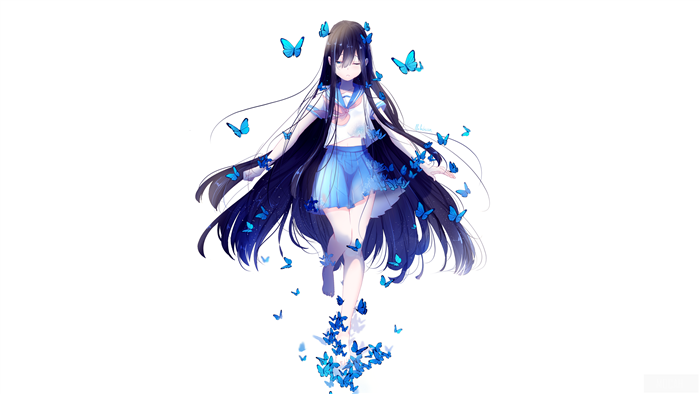 Girl with Long Black Hair and Blue Butterflies in School Uniform 4K