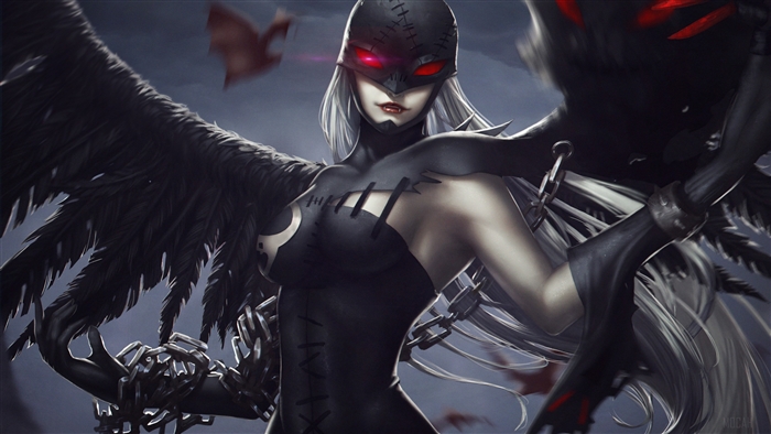 Dark Angel with Black Wings and Red Eyes