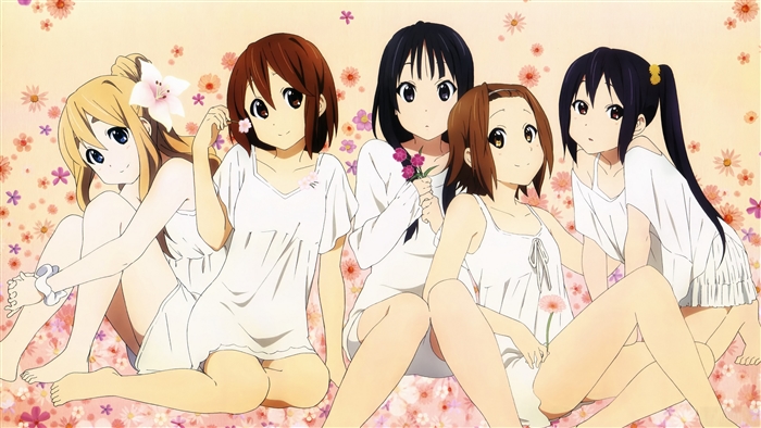 The members of K-On! in white dresses