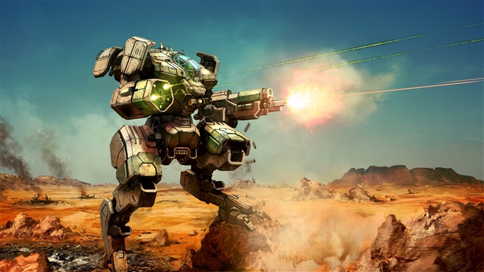 Mech firing weapon in desert landscape 4K