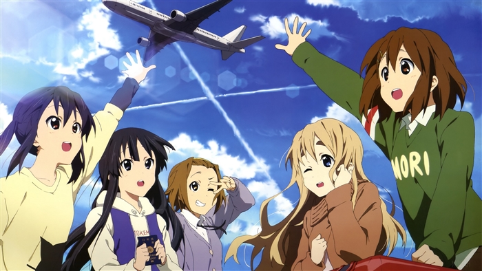 K-On! girls waving at an airplane 4K