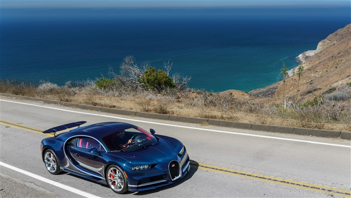 Blue Bugatti Chiron Sportscar on Coastal Road 4K