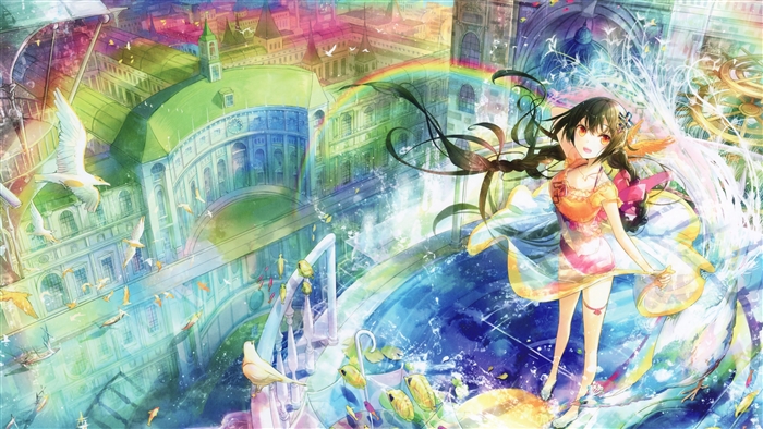 Girl with Rainbow and Cityscape 4K