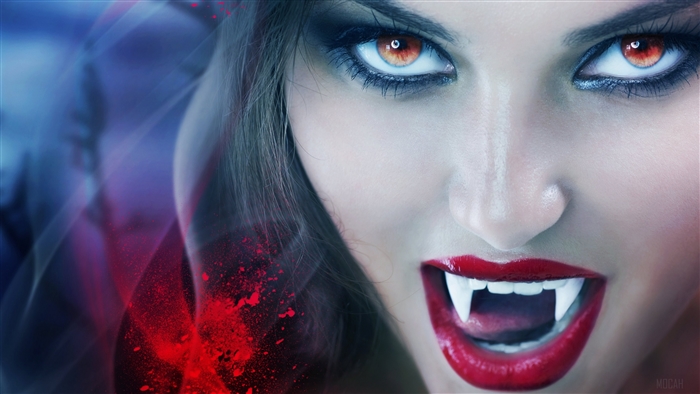 4K Close-Up of Fierce Vampire Woman with Red Eyes