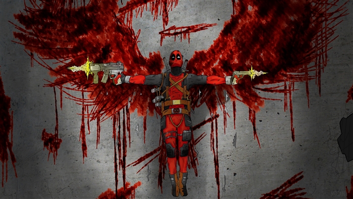 Deadpool with guns and bloody wings